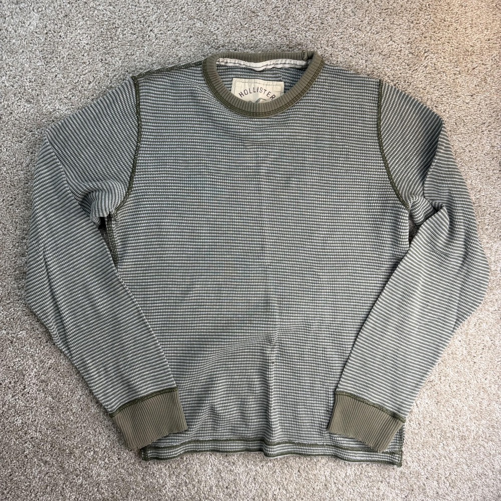 Y2K Hollister Shirt Mens Medium Green Striped Thermal Long Sleeve Tee T-Shirt